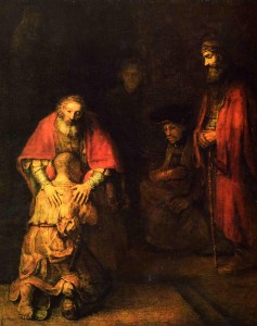 Rembrandt van Rijn, The Return of the Prodigal Son, c. 1661–1669. 262 cm × 205 cm. Hermitage Museum, Saint Petersburg
